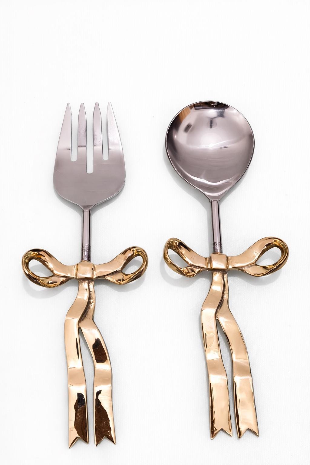 Luxury Bow Handle Serving Spoon & Fork Set | Gold Ribbon Handle Cutlery | Designer Tableware Gift