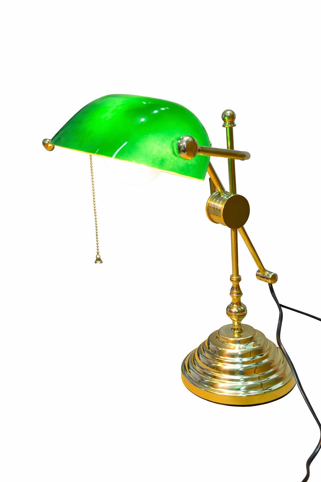 Vintage Brass Banker Table Lamp | Unique Italian Design Green Shade, Adjustable Desk Light