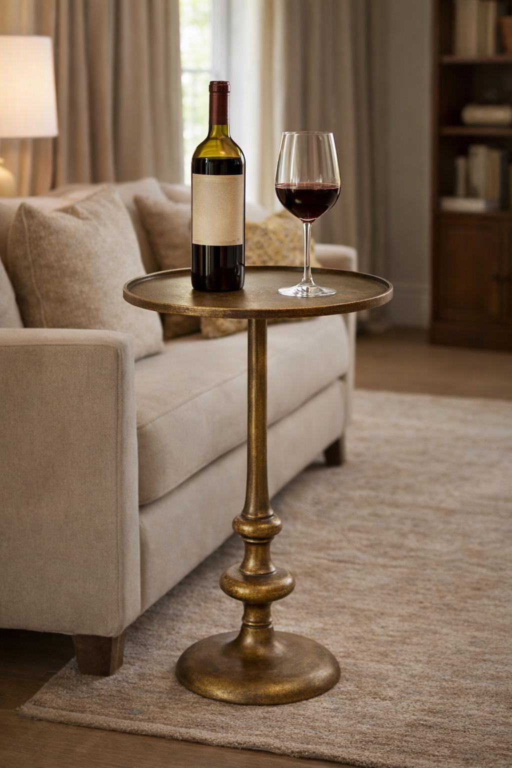 Vintage Brass Antiqued Pedestal Side Table, Modern Minimal Accent Coffee, Drink End Table