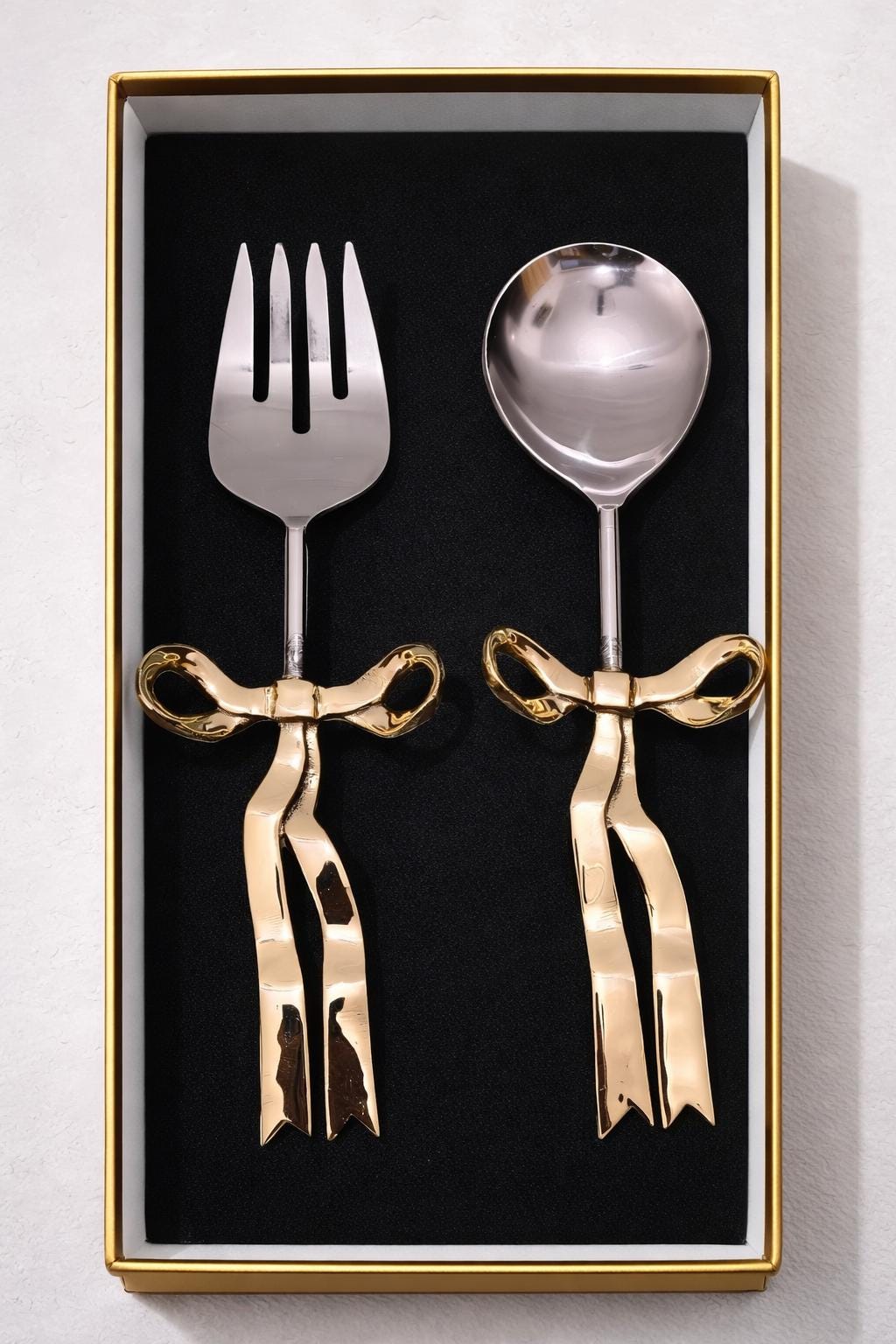 Luxury Bow Handle Serving Spoon & Fork Set | Gold Ribbon Handle Cutlery | Designer Tableware Gift