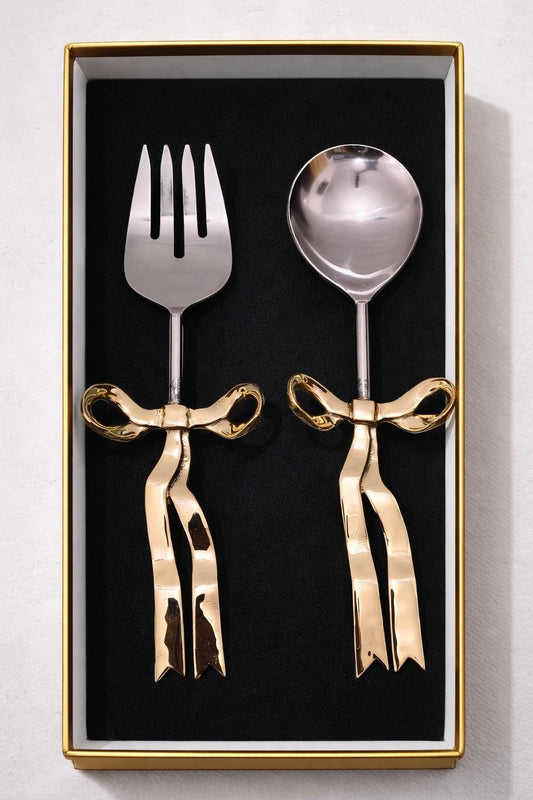 Luxury Bow Handle Serving Spoon & Fork Set | Gold Ribbon Handle Cutlery | Designer Tableware Gift