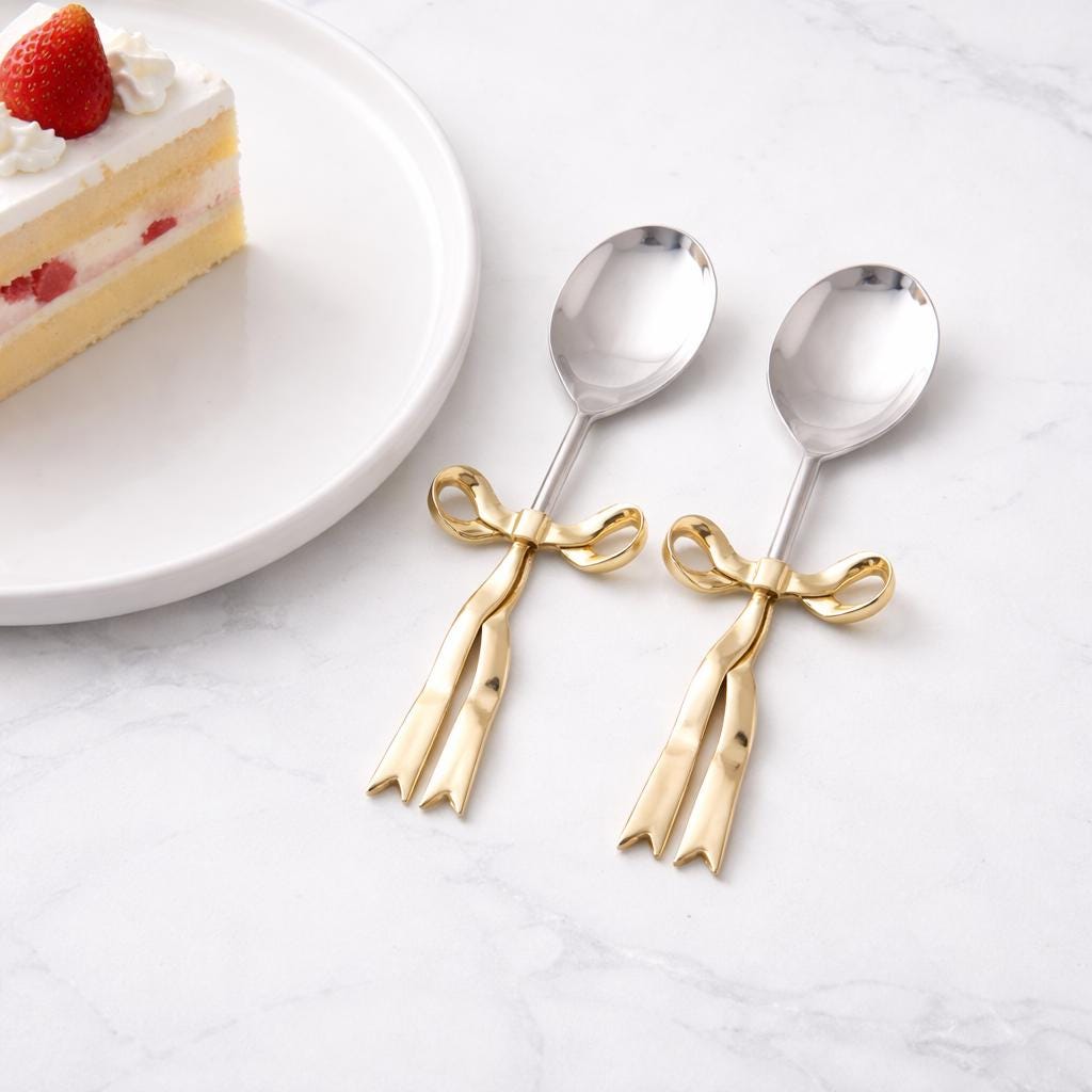 Luxury Bow Handle Serving Spoon Gold Ribbon Handle Spoons | Elegant Tableware Gift