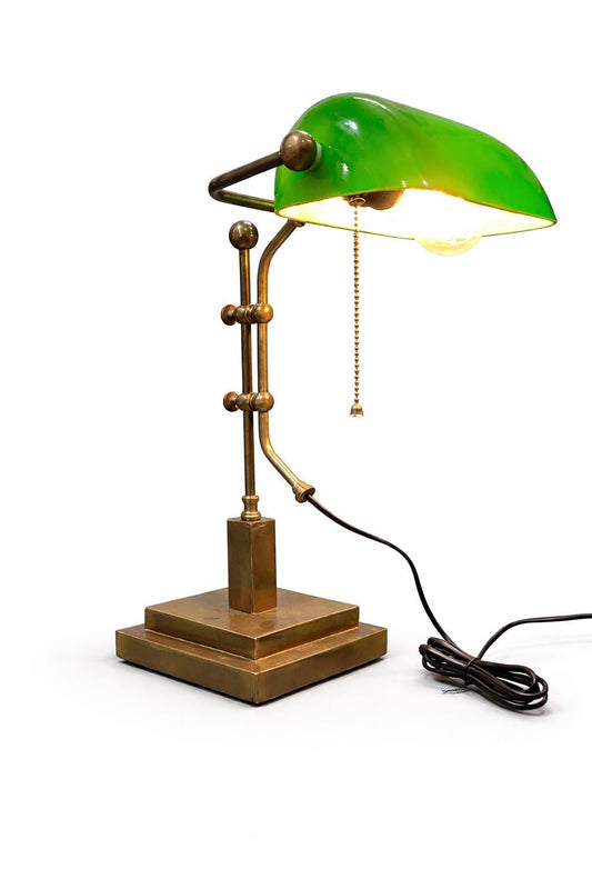 Vintage Green Banker Lamp | Unique Italian Design Brass Desk Table Lamp, Office Library Lighting