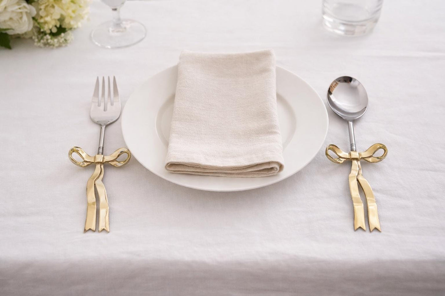 Luxury Bow Handle Serving Spoon & Fork Set | Gold Ribbon Handle Cutlery | Designer Tableware Gift