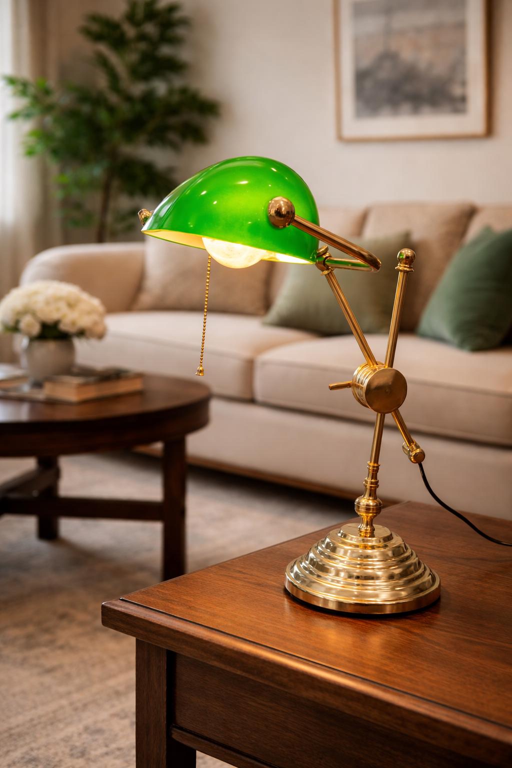 Vintage Brass Banker Table Lamp | Unique Italian Design Green Shade, Adjustable Desk Light