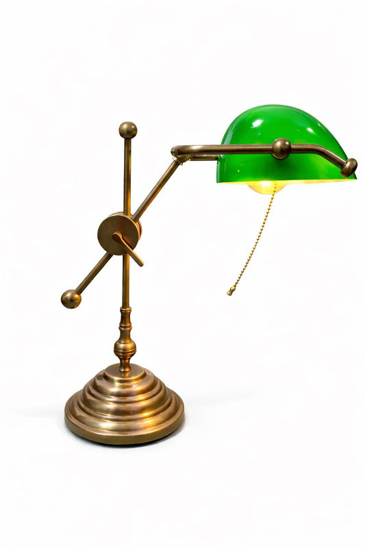 Vintage Brass Banker Table Lamp | Unique Italian Design Green Shade, Adjustable Desk Light