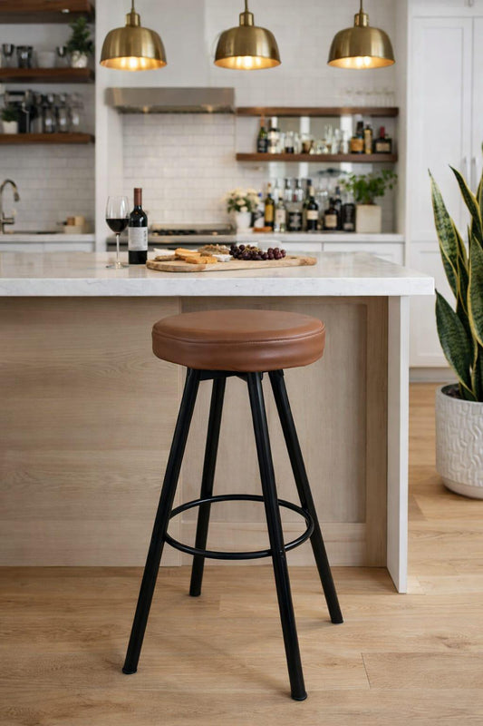 Vintage Industrial Bar Stool – Brown Leather Seat Modern Counter Stool | Antique Table