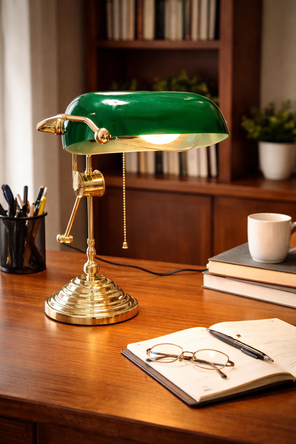 Vintage Brass Banker Table Lamp | Unique Italian Design Green Shade, Adjustable Desk Light
