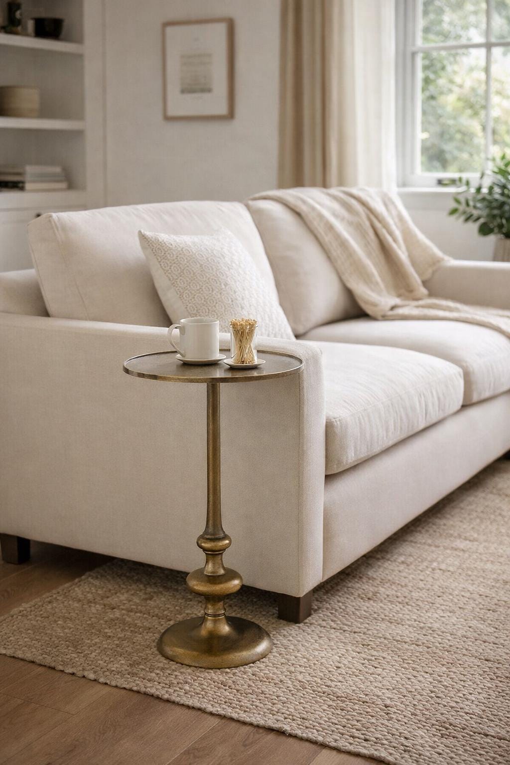 Vintage Brass Antiqued Pedestal Side Table, Modern Minimal Accent Coffee, Drink End Table