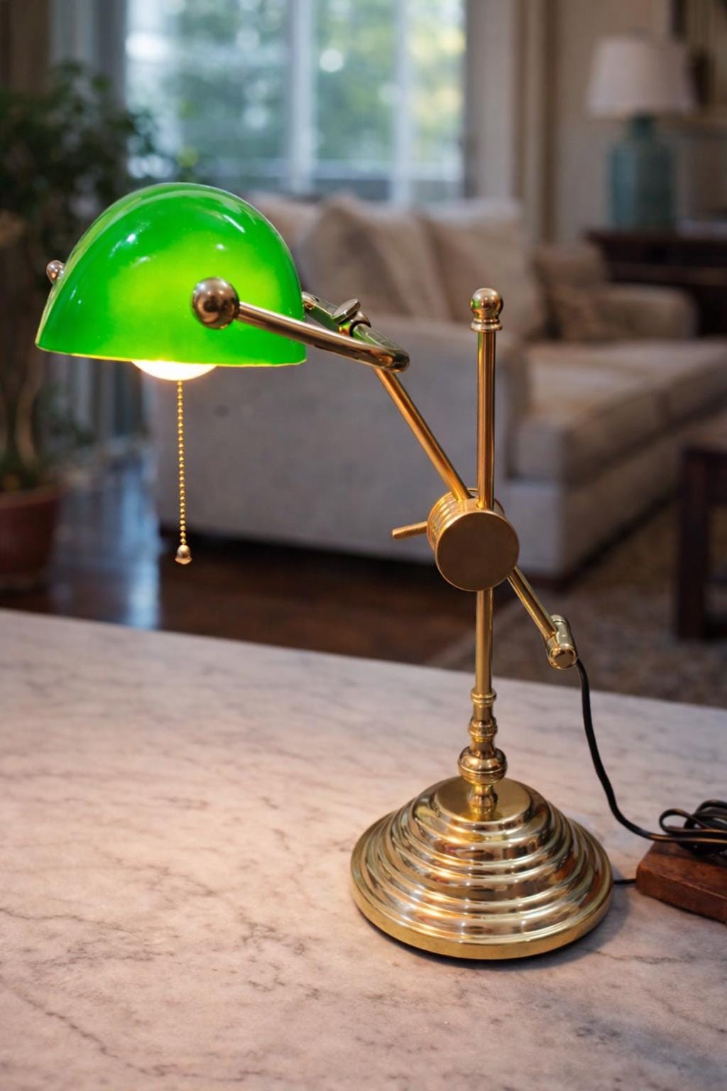 Vintage Brass Banker Table Lamp | Unique Italian Design Green Shade, Adjustable Desk Light