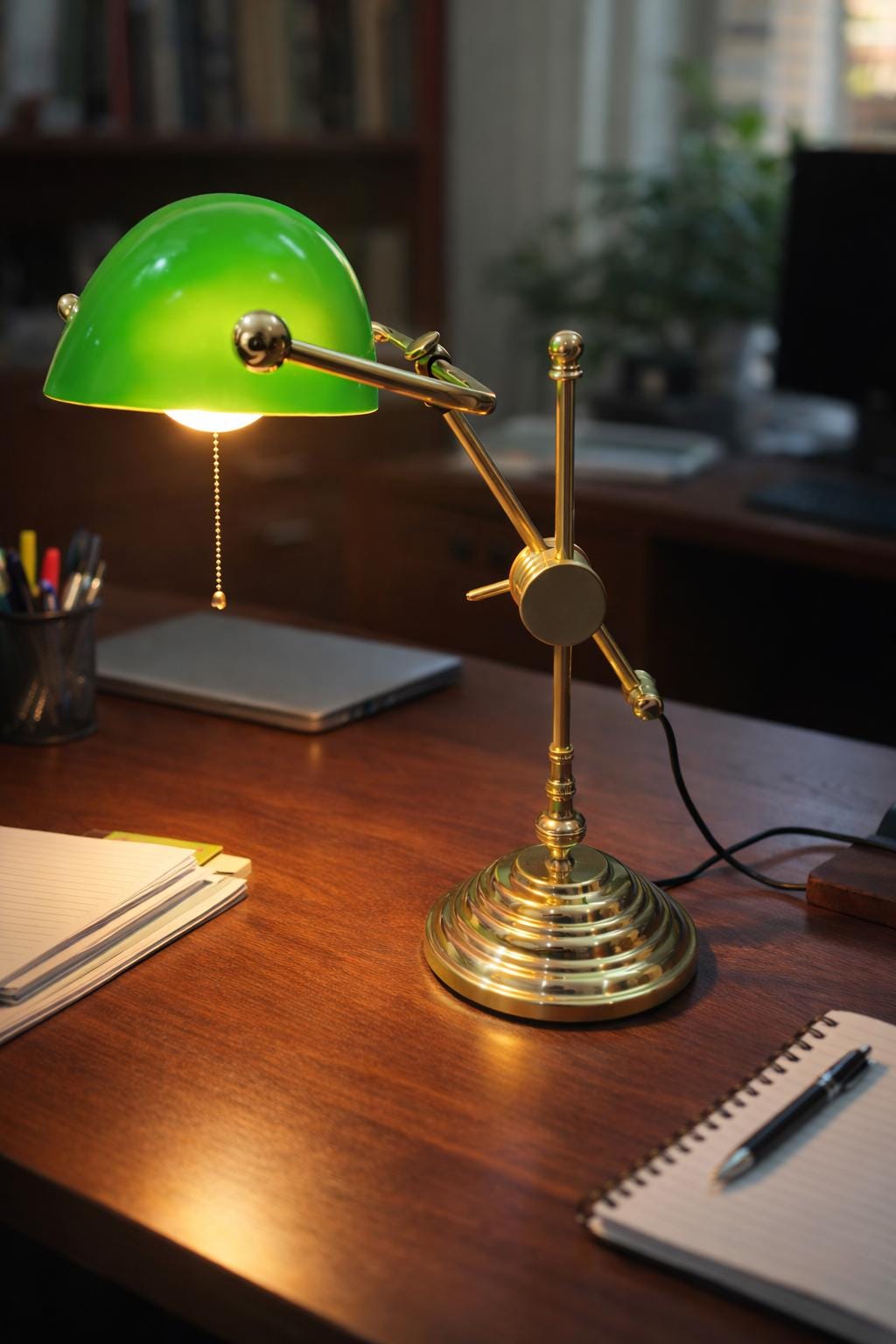Vintage Brass Banker Table Lamp | Unique Italian Design Green Shade, Adjustable Desk Light