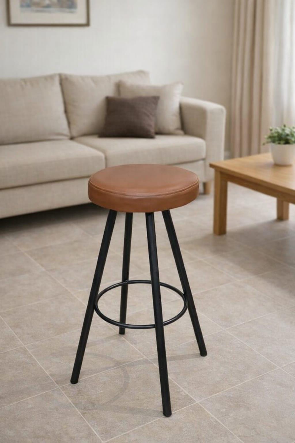 Vintage Industrial Bar Stool – Brown Leather Seat Modern Counter Stool | Antique Table