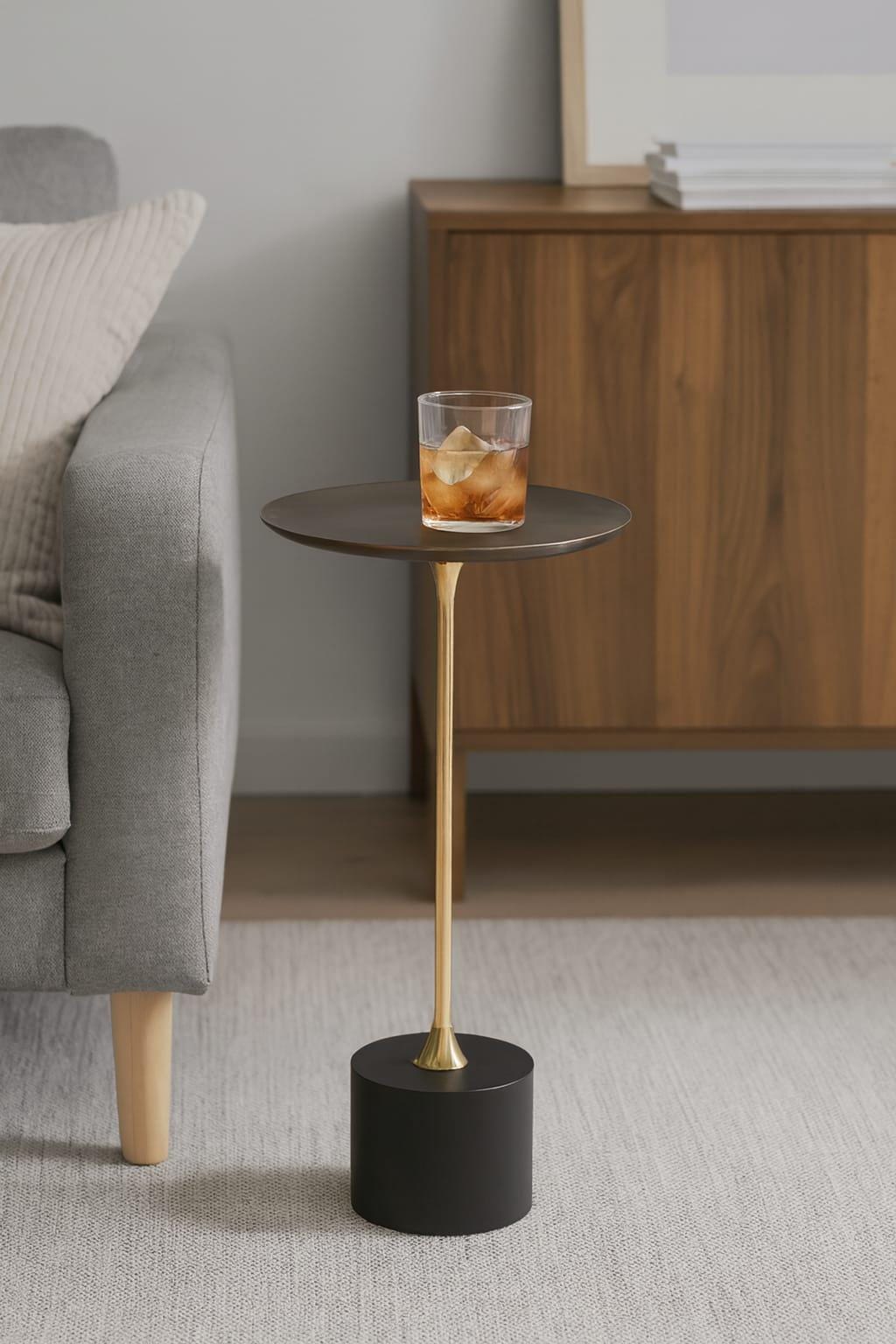 Luxury Drink Side Table Antique Gold Slim Fitz Stand, Black Base Coffee Table