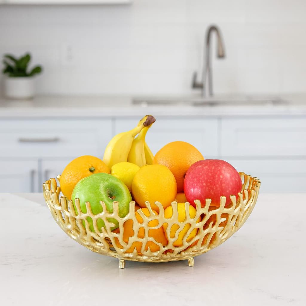 Gold Fruits Coral Bowl | Modern Centerpiece, Luxury Table Decor