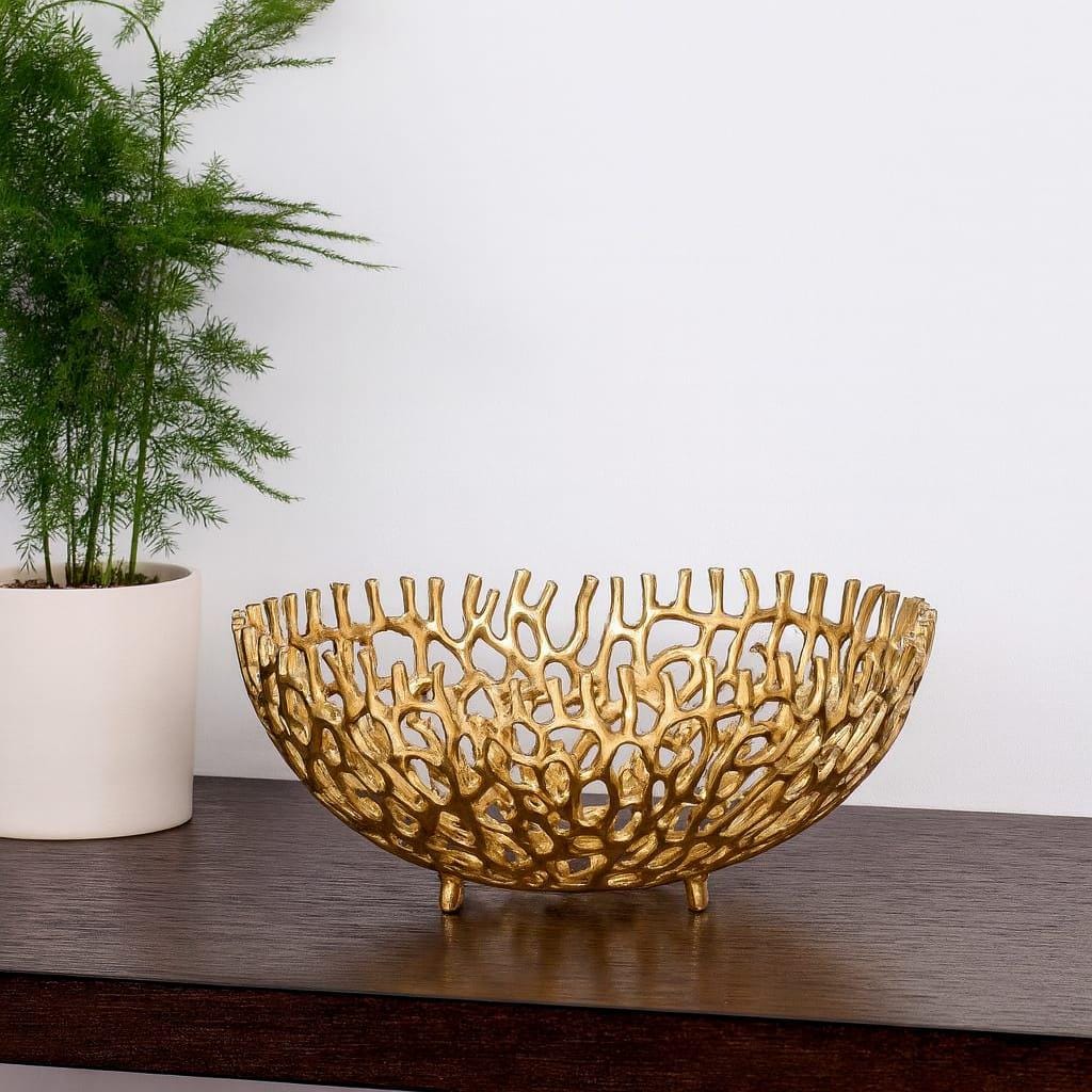 Gold Fruits Coral Bowl | Modern Centerpiece, Luxury Table Decor
