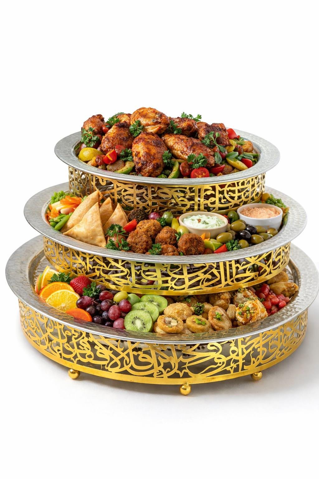 Handmade Set Of 3 Aluminum Serving Tray Set, Arabic Calligraphy, Ramadan Eid Decorative Trays