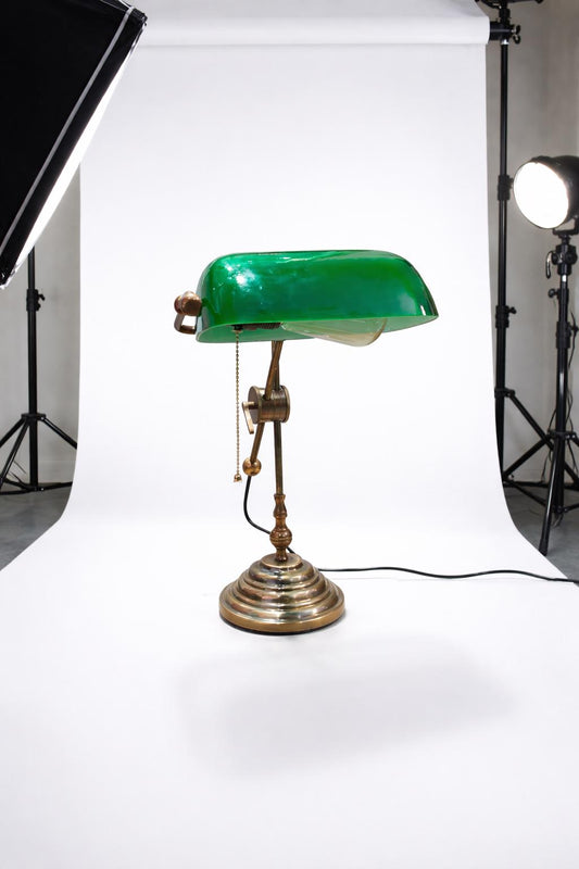 Vintage Brass Banker Table Lamp | Unique Italian Design Green Shade, Adjustable Desk Light