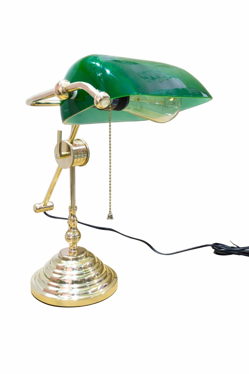 Vintage Brass Banker Table Lamp | Unique Italian Design Green Shade, Adjustable Desk Light