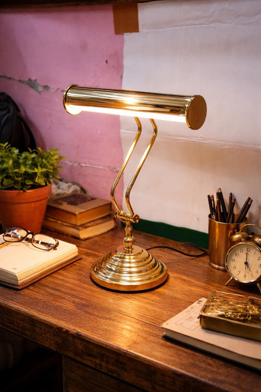 Handcrafted Brass Banker Desk Lamp | Polished Gold Finish Study & Office Table Light | Vintage Style