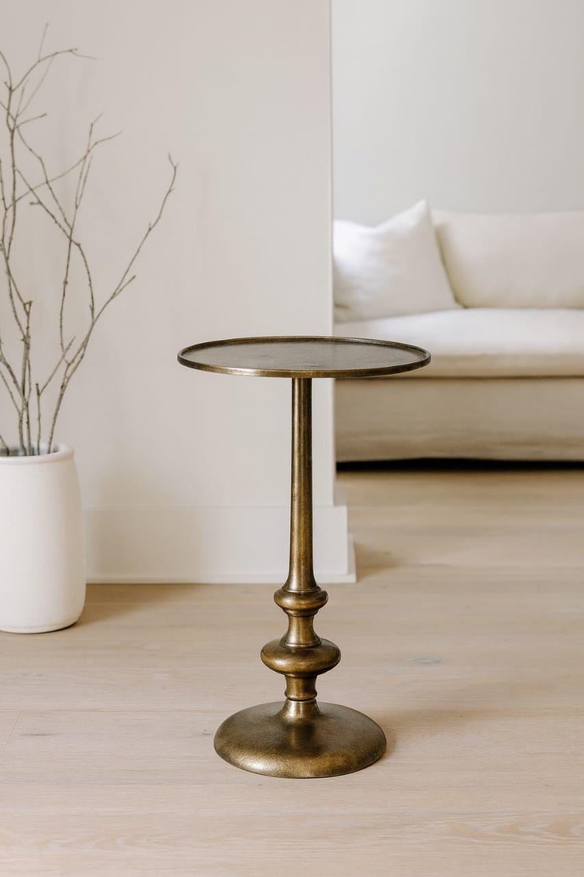 Vintage Brass Antiqued Pedestal Side Table, Modern Minimal Accent Coffee, Drink End Table
