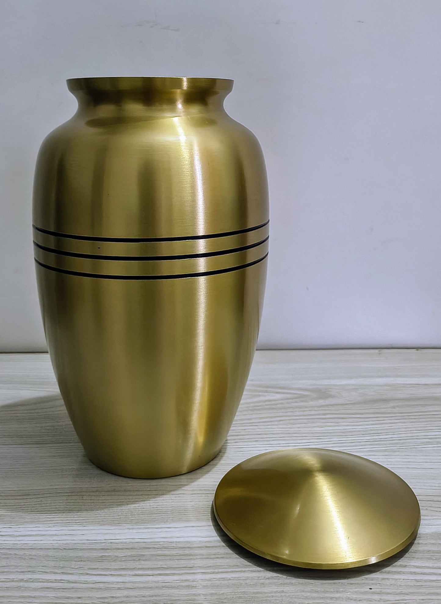 Brass Cremation Urn with Black Engraved Bands, Forever Keepsake Memorial For Ashes Adult