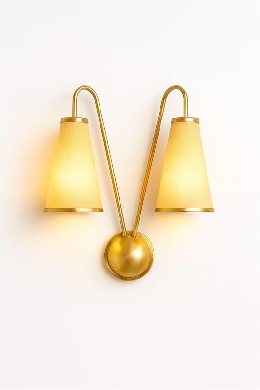 Handicrafts Mid-Century Brass Double Wall Scone with Cone Shades Wall Lamp Unique Design