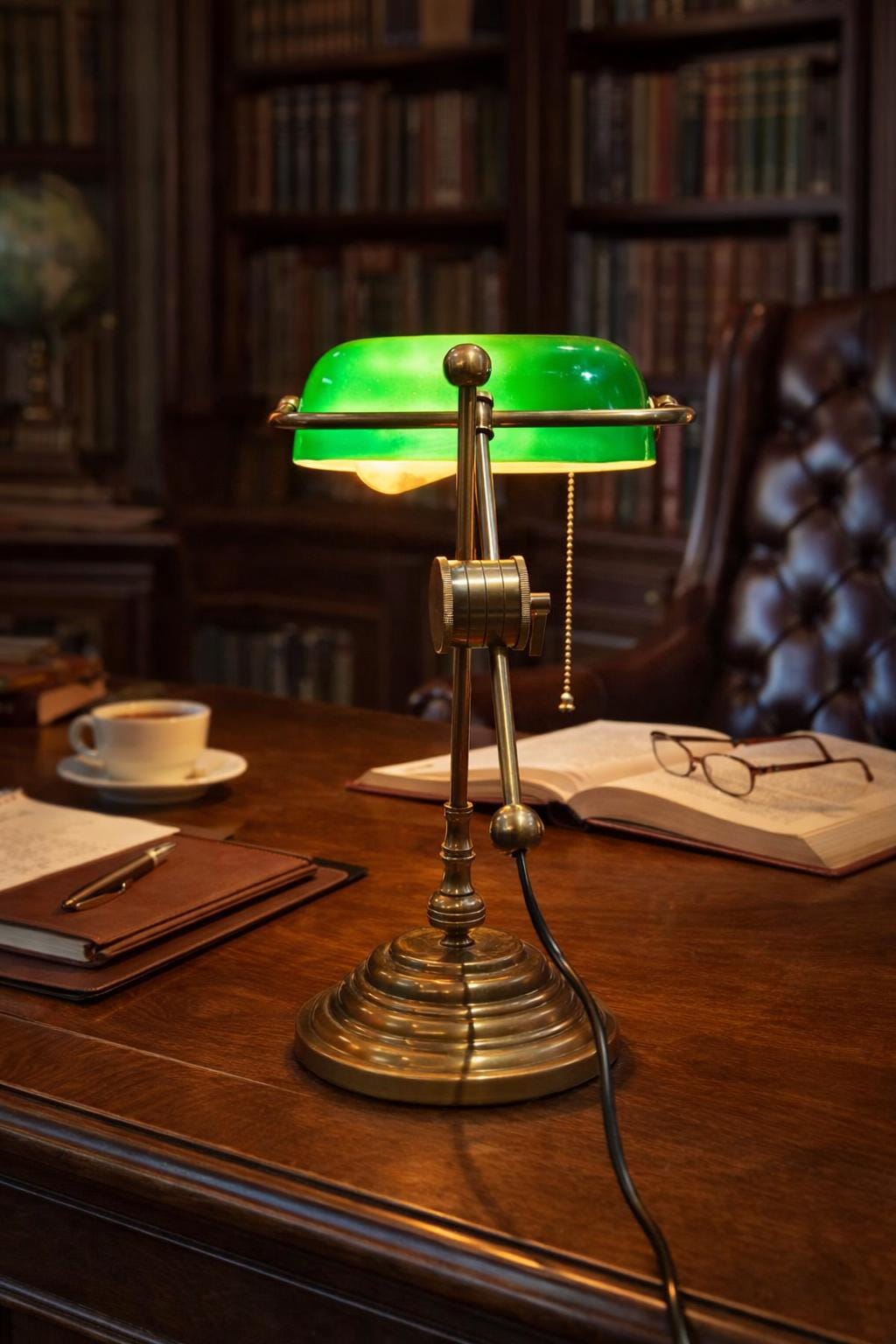 Vintage Brass Banker Table Lamp | Unique Italian Design Green Shade, Adjustable Desk Light
