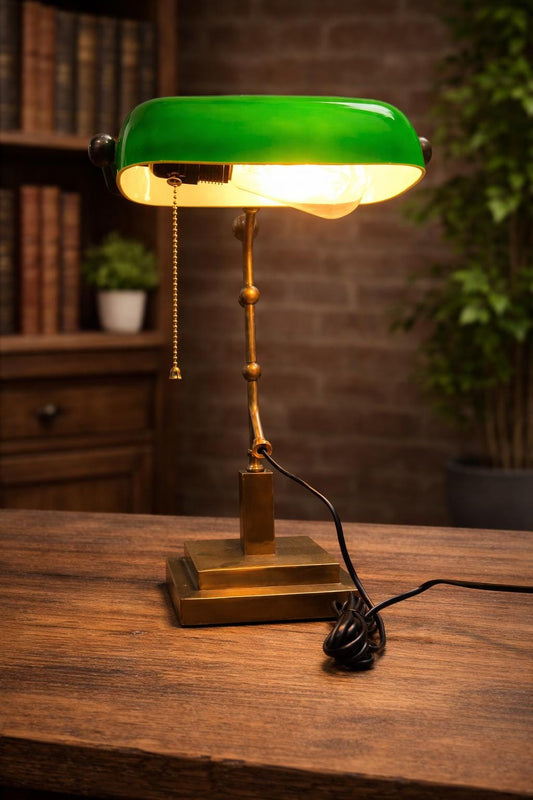 Vintage Green Banker Lamp | Unique Italian Design Brass Desk Table Lamp, Office Library Lighting